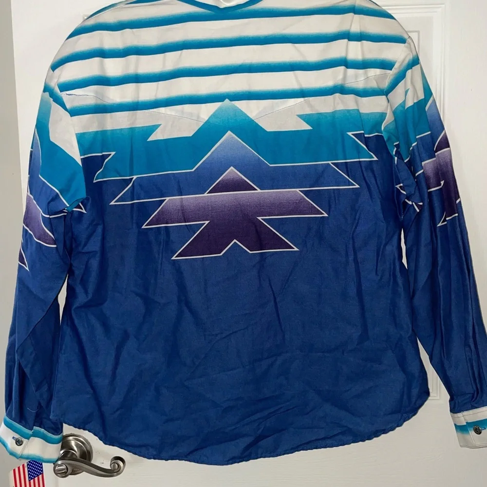 Vintage Roper Blue Graphic Border Button-Up Shirt Deadstock Made in the USA - Picture 5 of 6